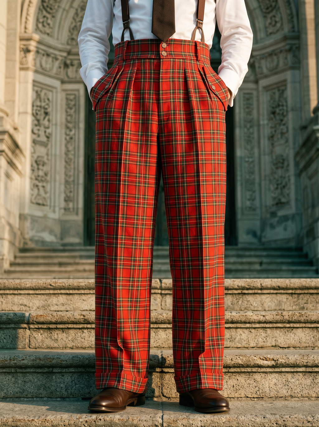Pantalon en laine écossaise tartan rouge taille haute 4 plis