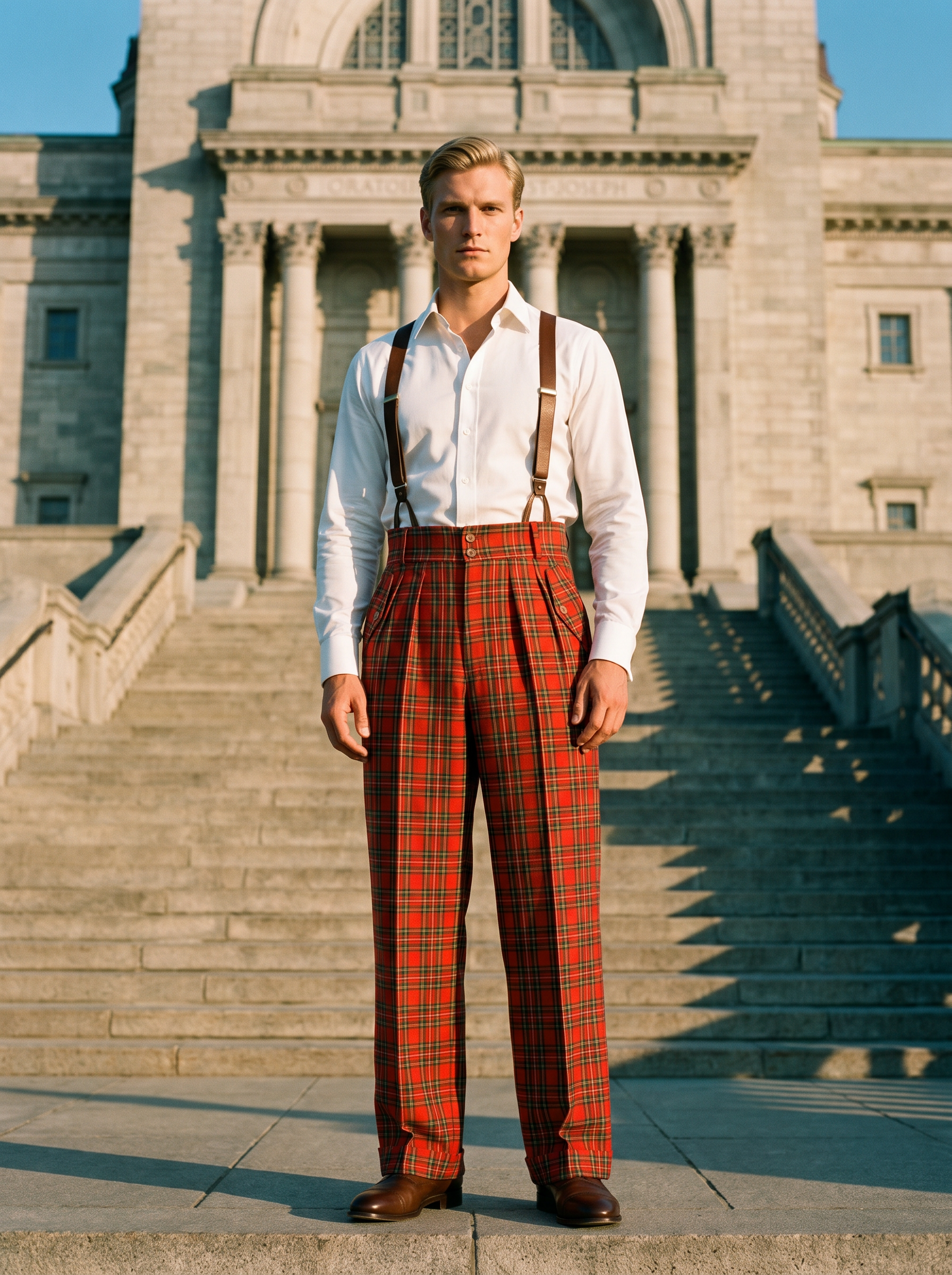 Pantalon en laine écossaise tartan rouge taille haute 4 plis
