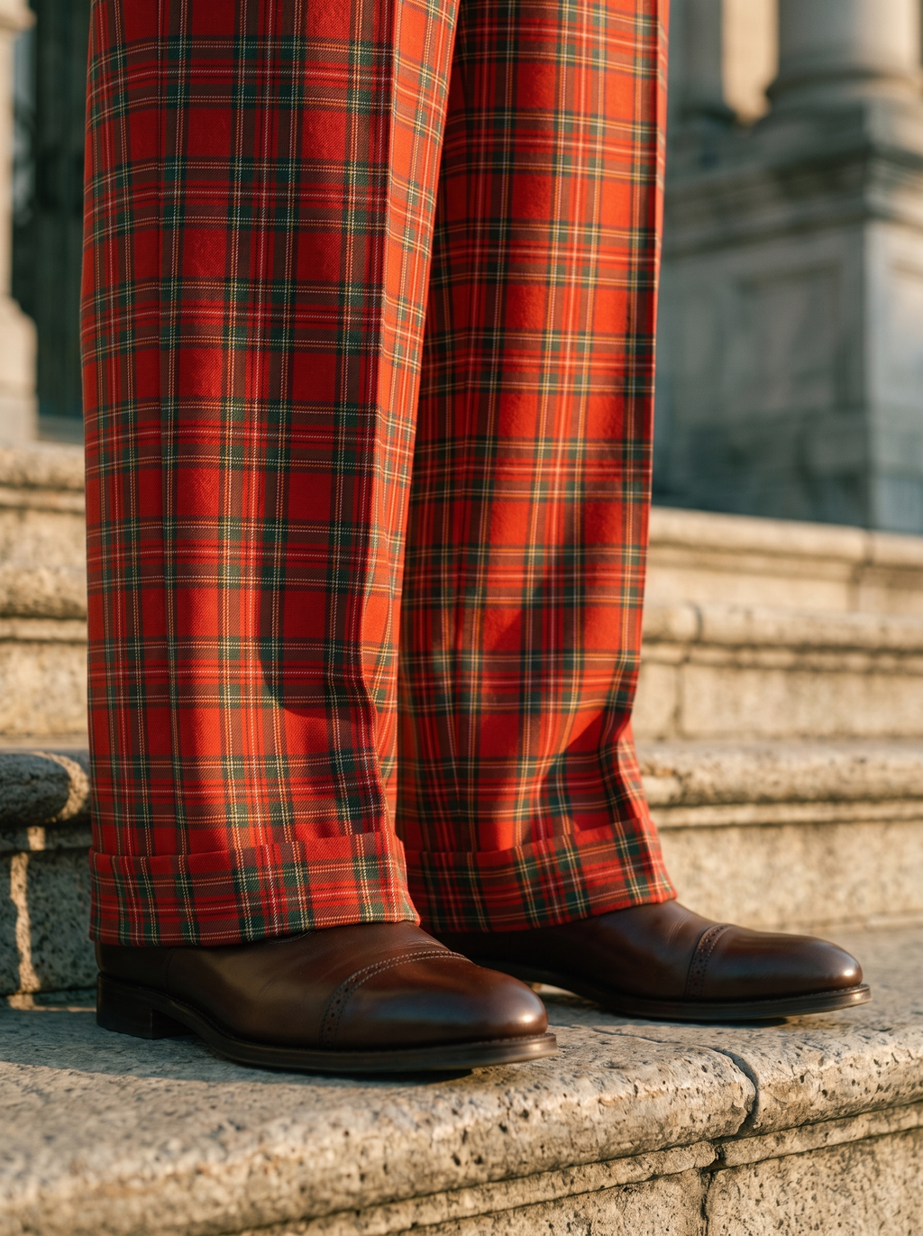 Pantalon en laine écossaise tartan rouge taille haute 4 plis