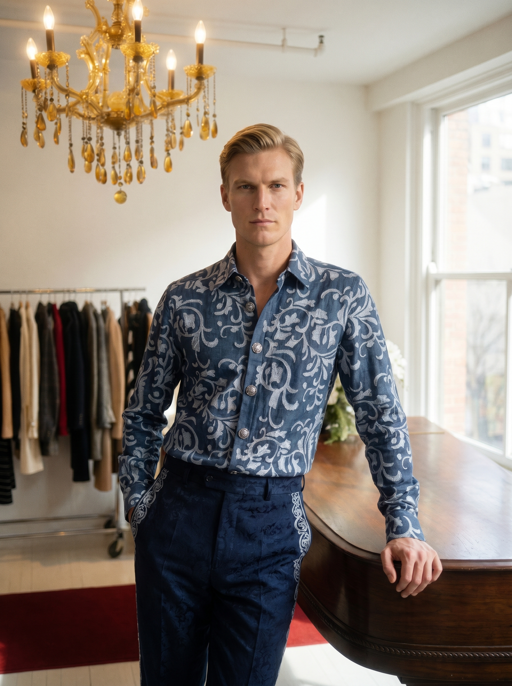 Chemise bleue à arabesques brodées