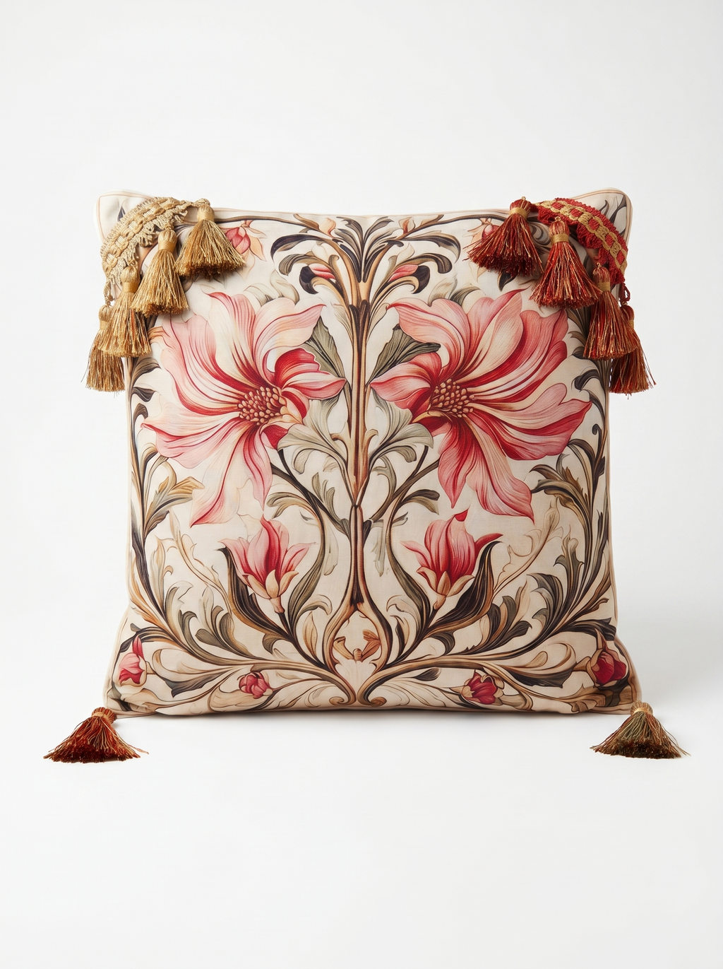 Coussin botanique à pampilles et dos jersey rouge