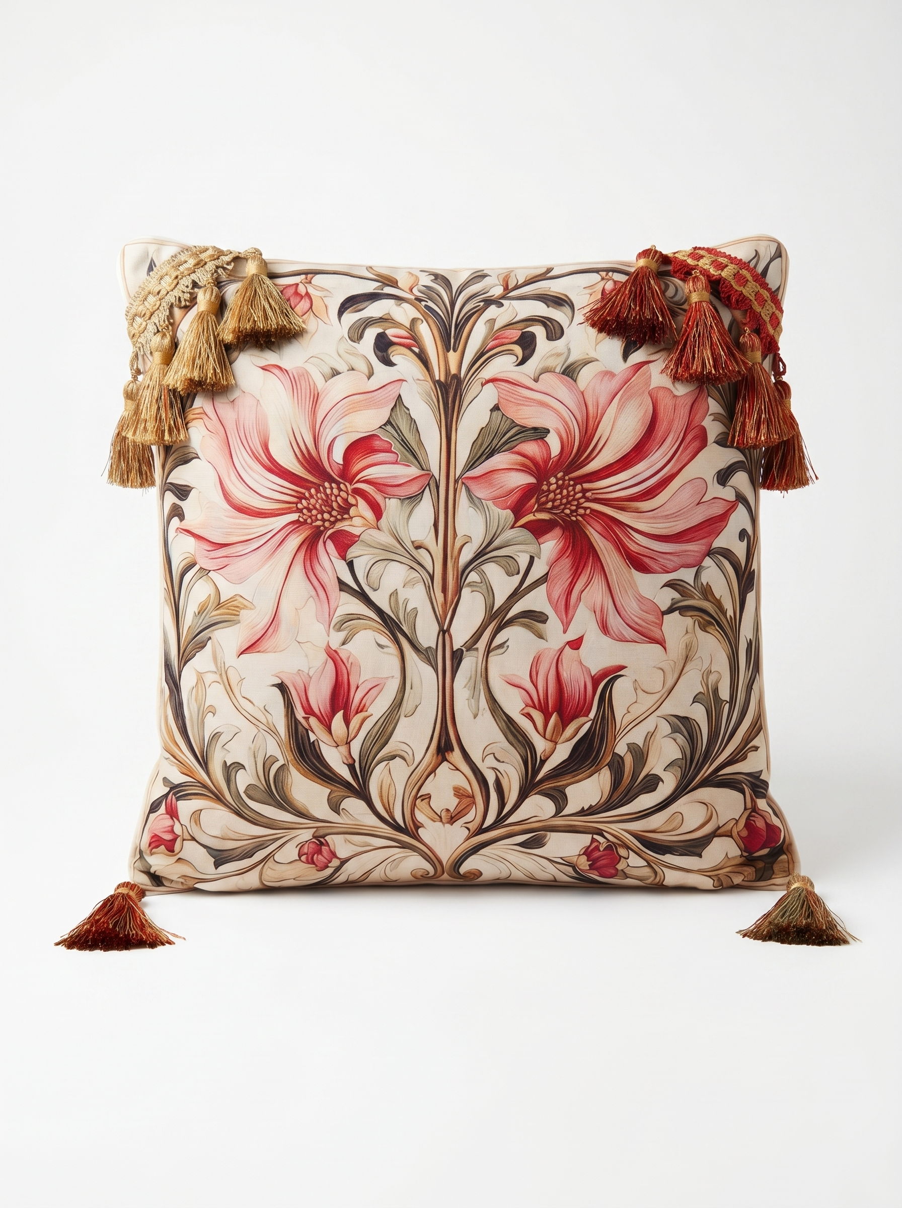 Coussin botanique à pampilles et dos jersey rouge