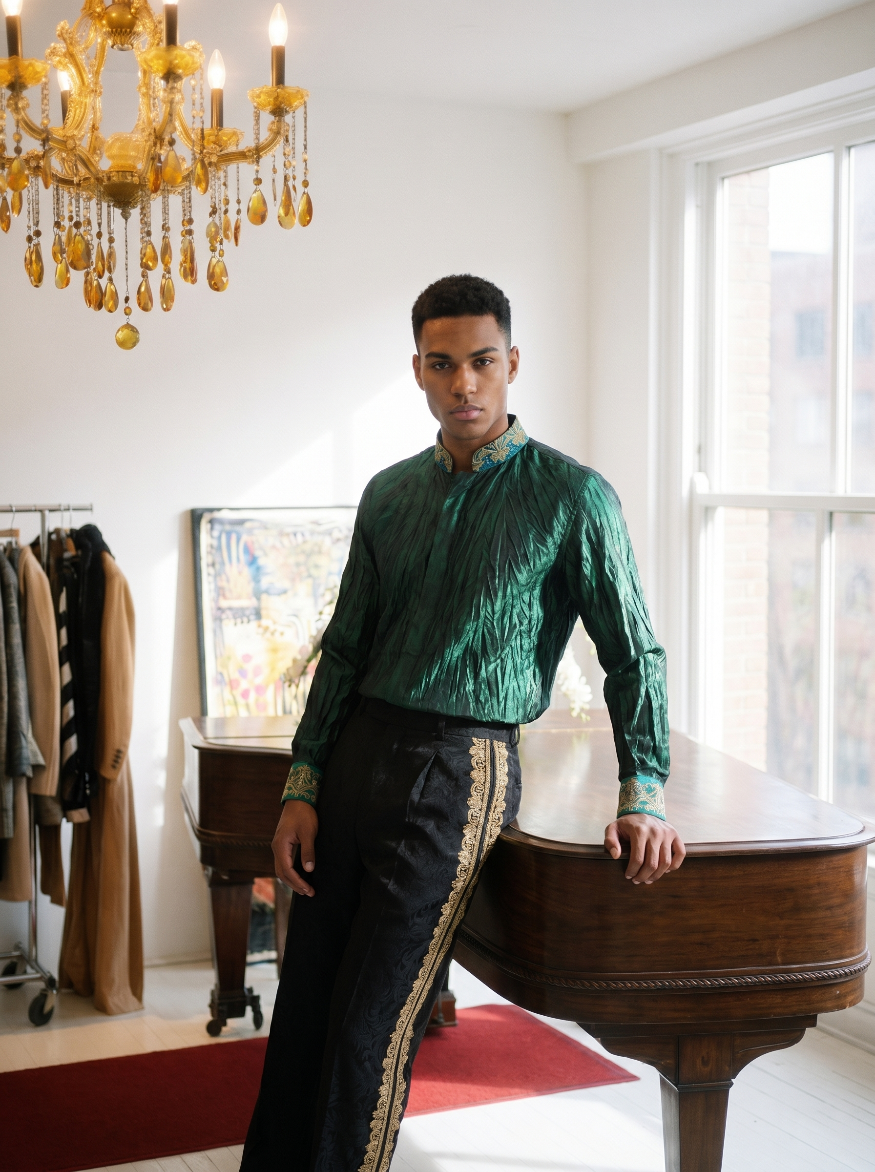 Chemise de soie verte à col brodé