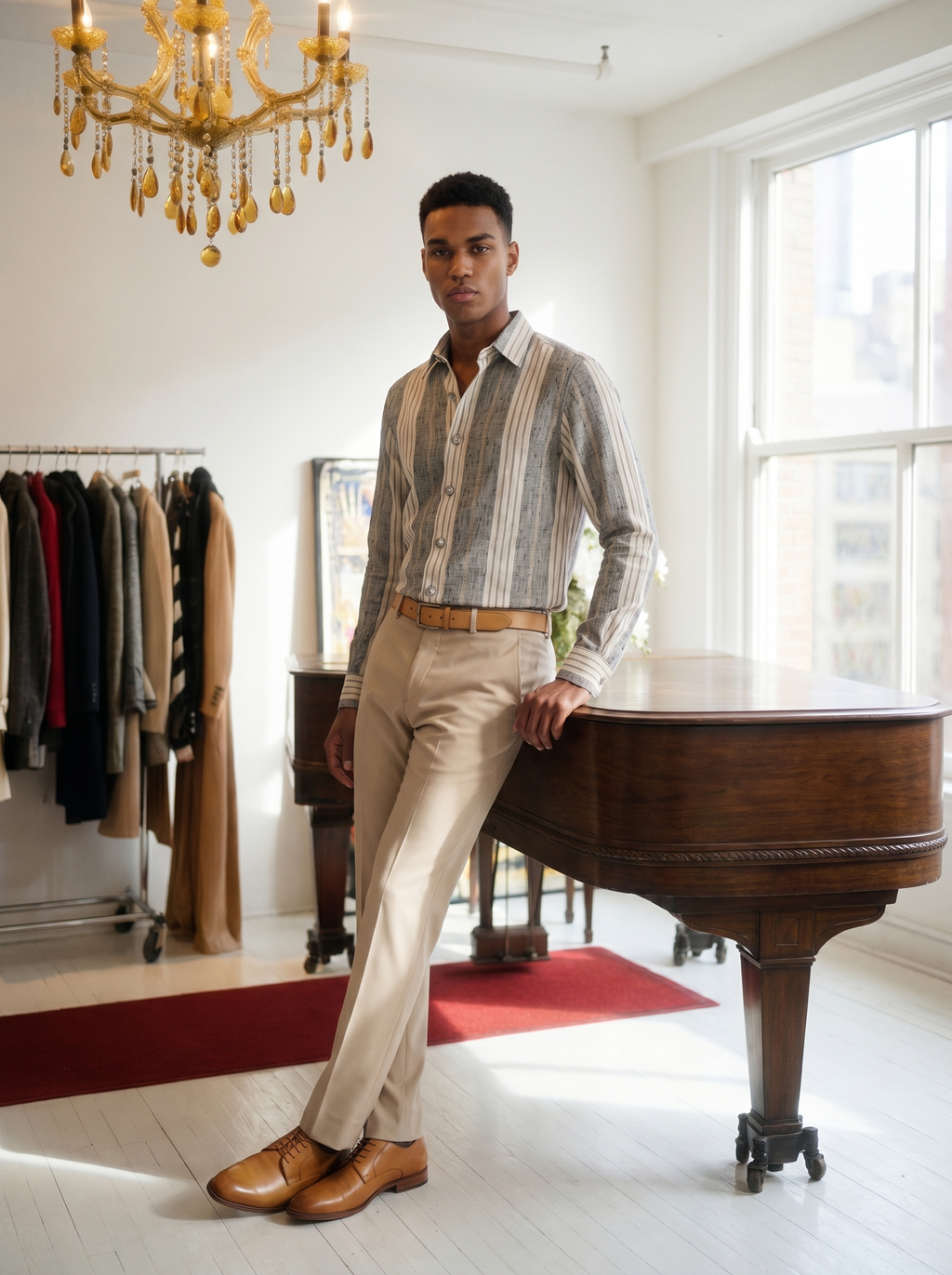 Chemise en lin tissé à rayures gris et beige