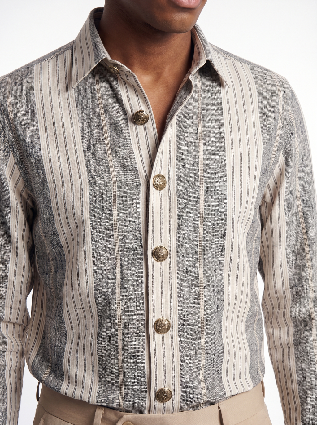 Chemise en lin tissé à rayures gris et beige