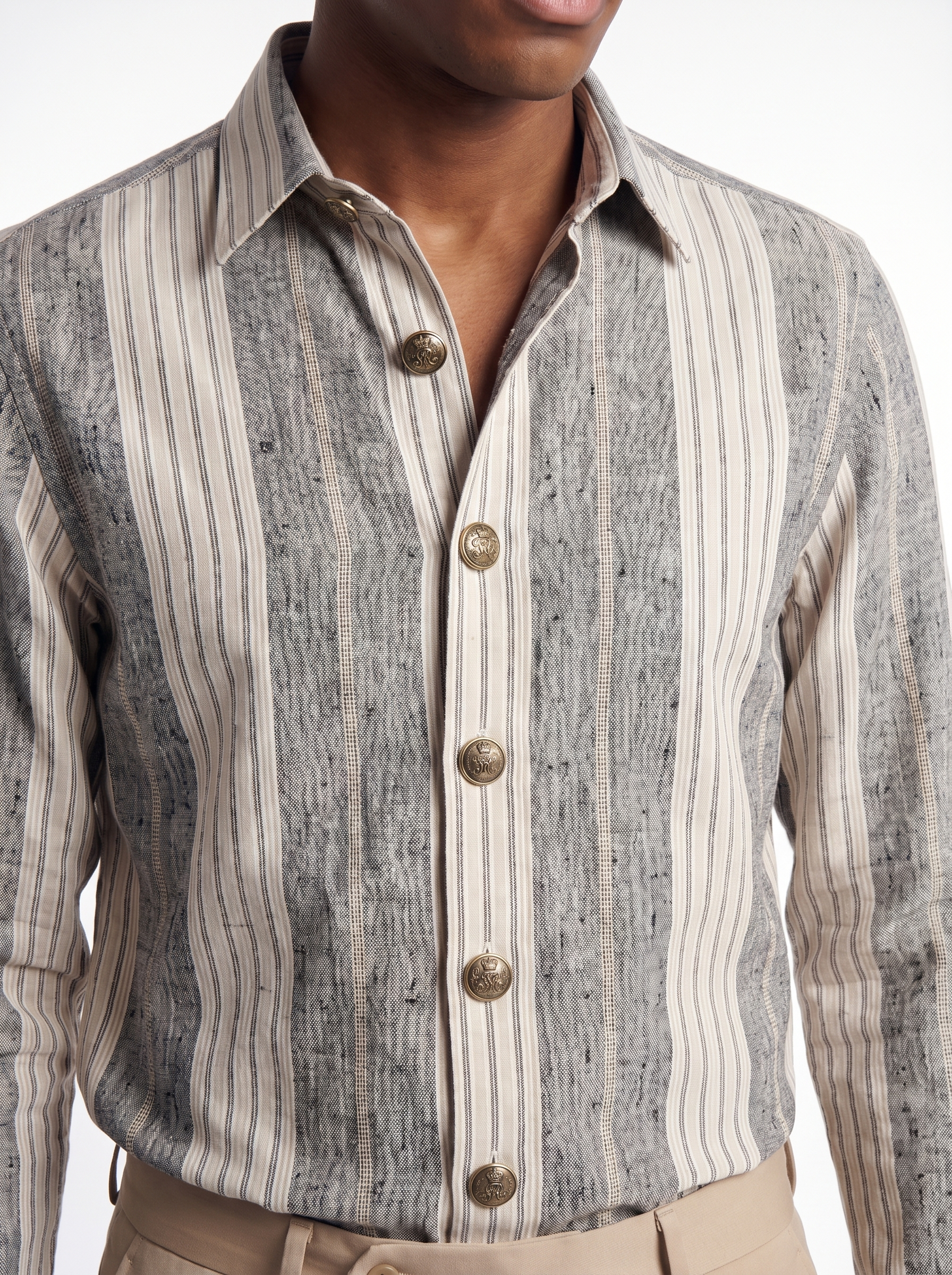 Chemise en lin tissé à rayures gris et beige
