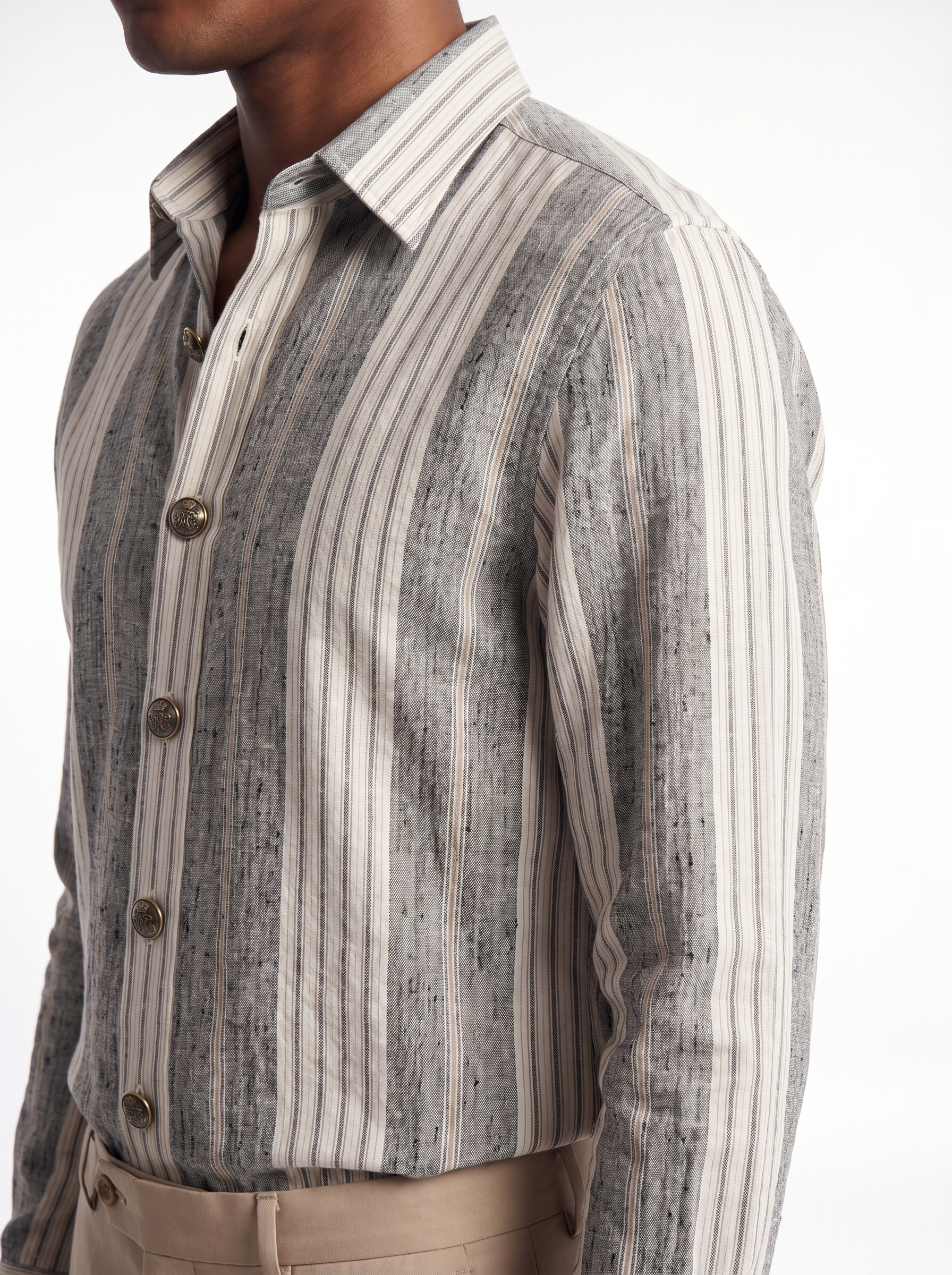 Chemise en lin tissé à rayures gris et beige