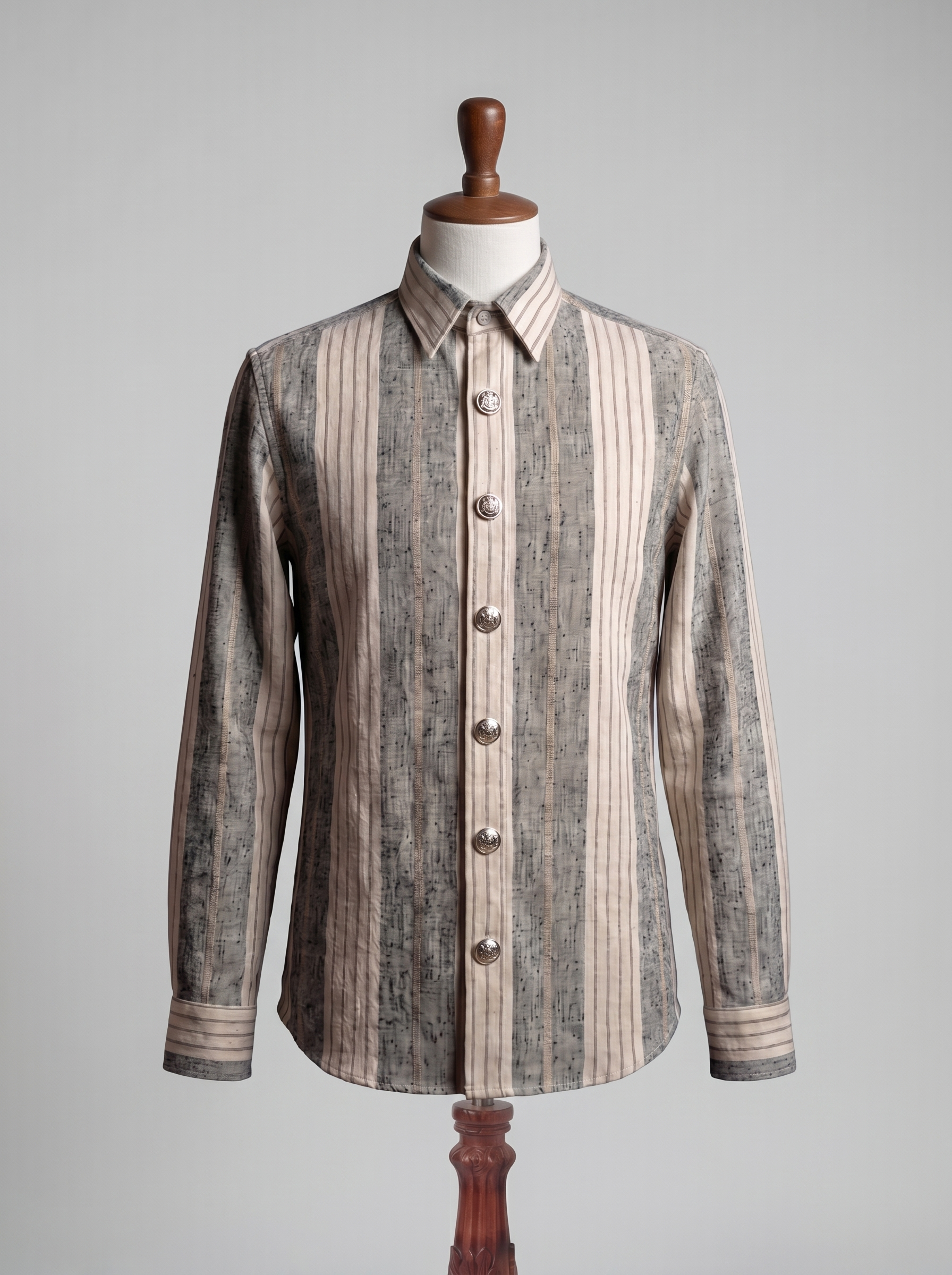 Chemise en lin tissé à rayures gris et beige