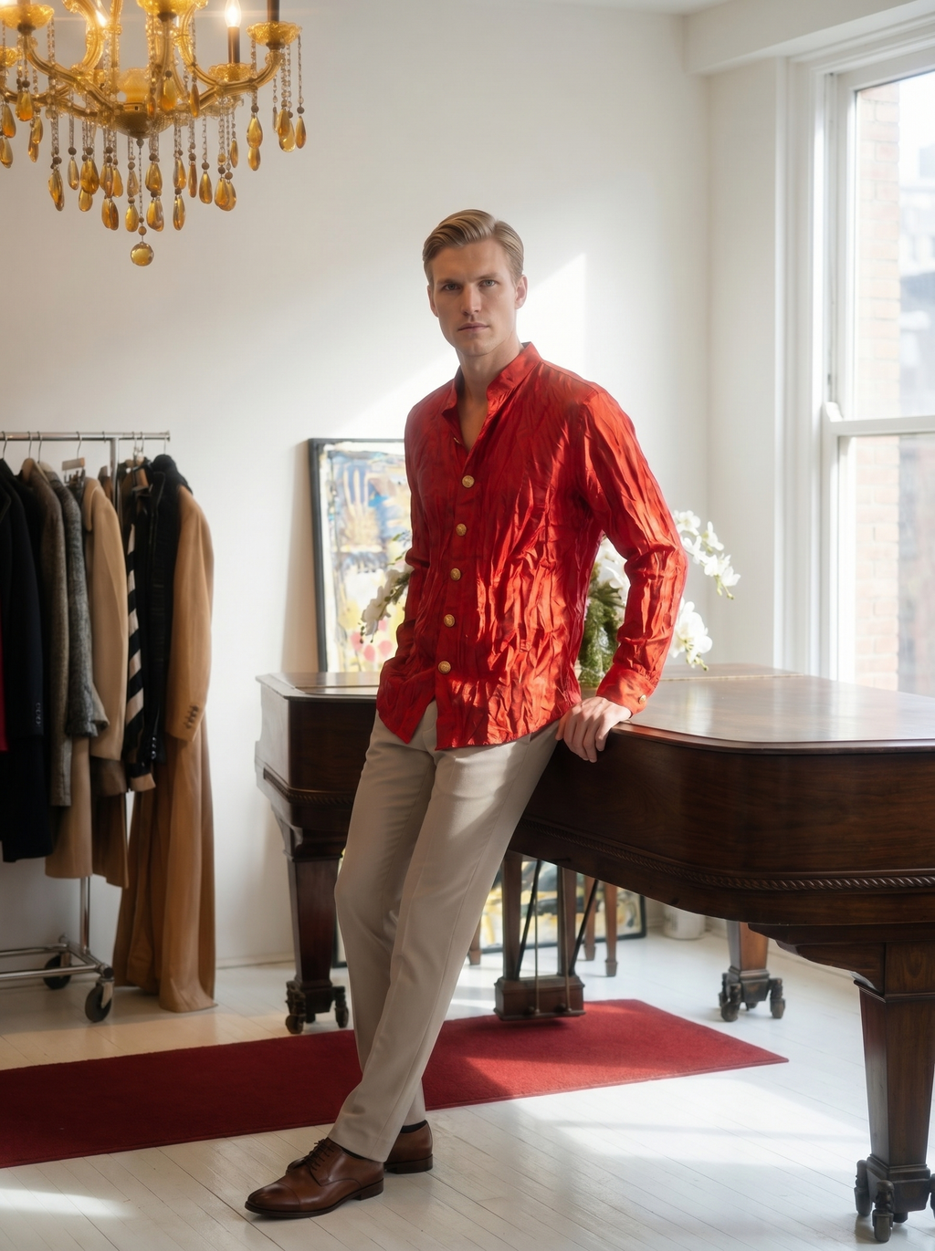 Chemise de soie rouge à effet froissé