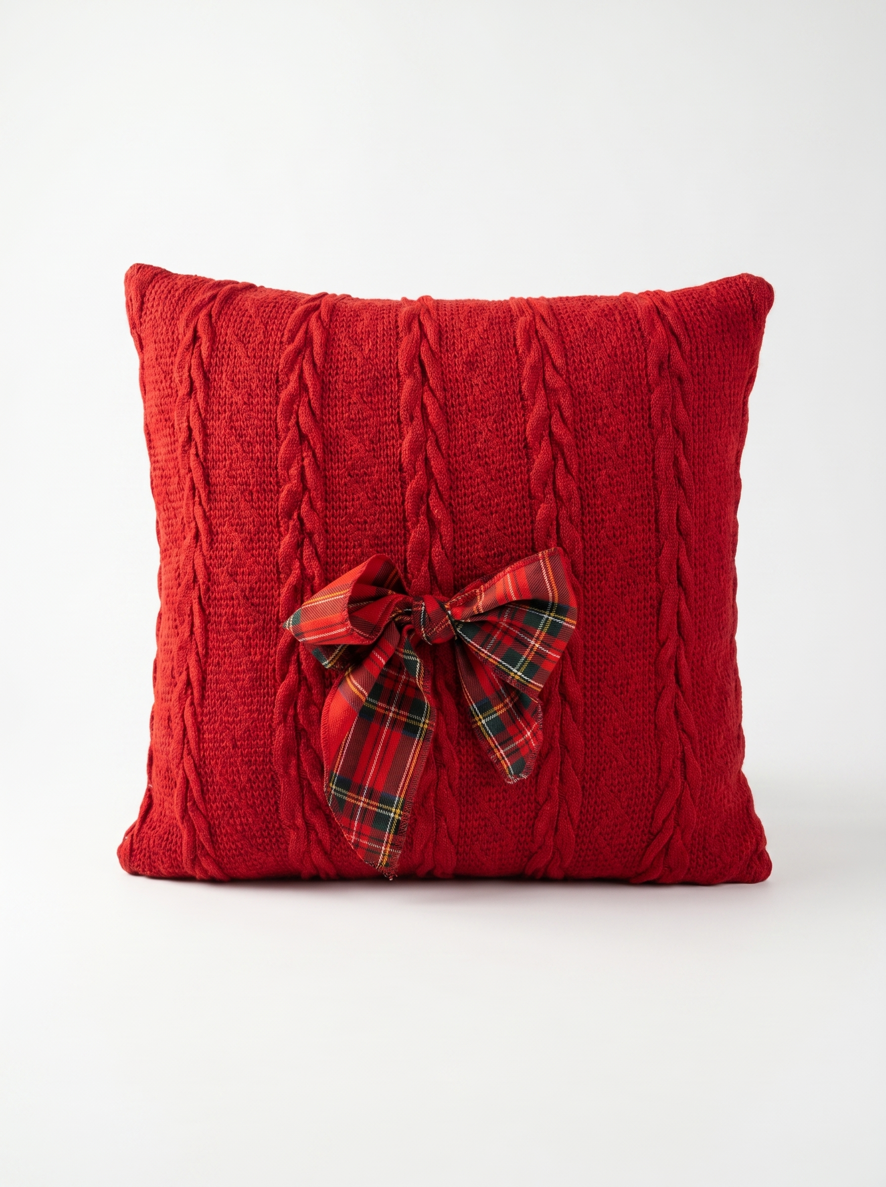 Coussin rouge en maille torsadée et nœud tartan