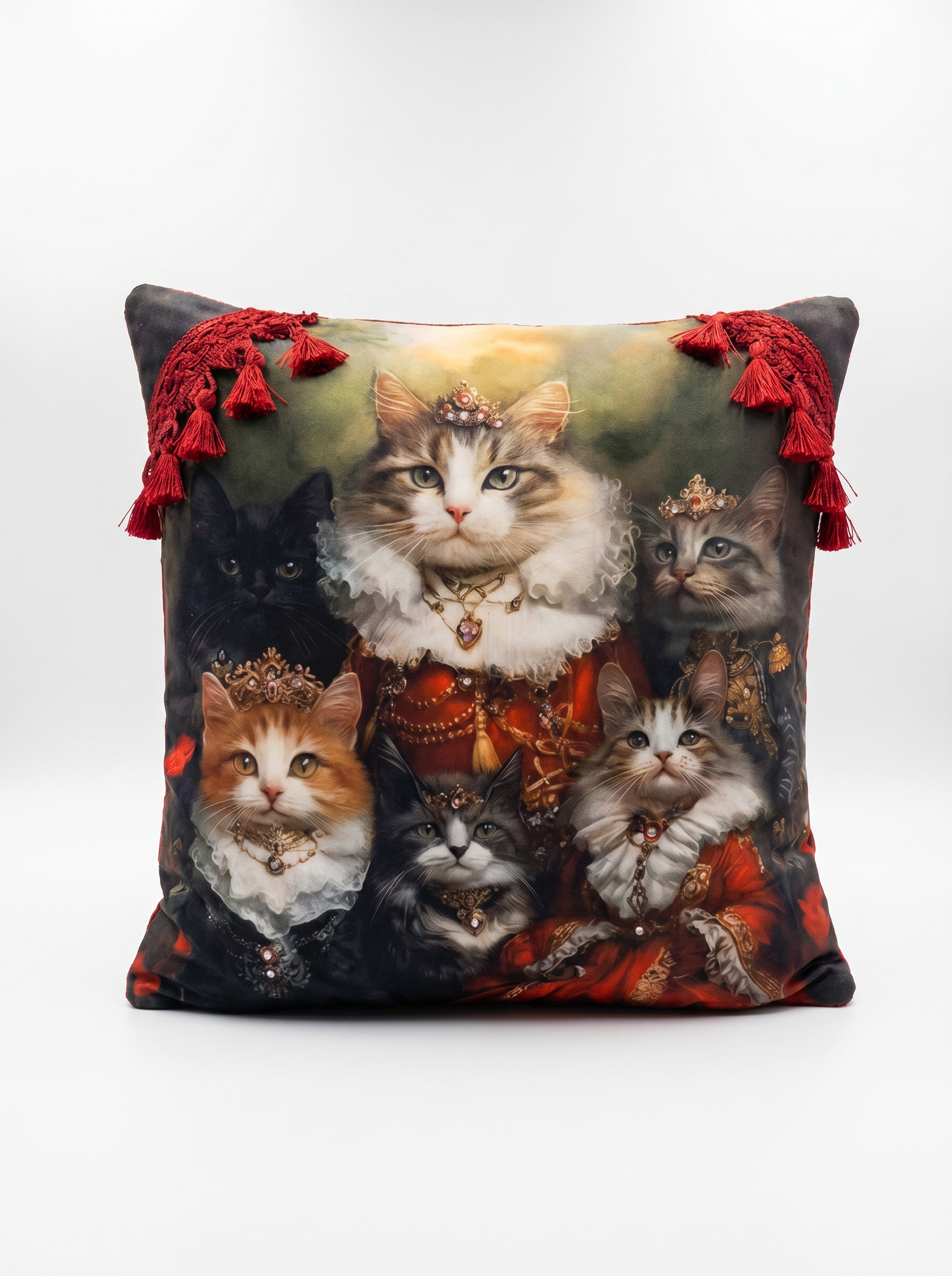 Coussin royal aux chats ornés et dos damassé rouge