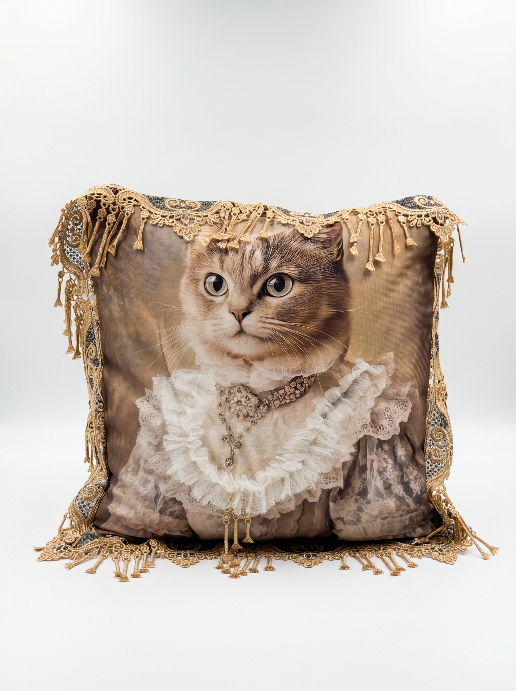 Coussin chat victorien orné de Swarovski et dentelle