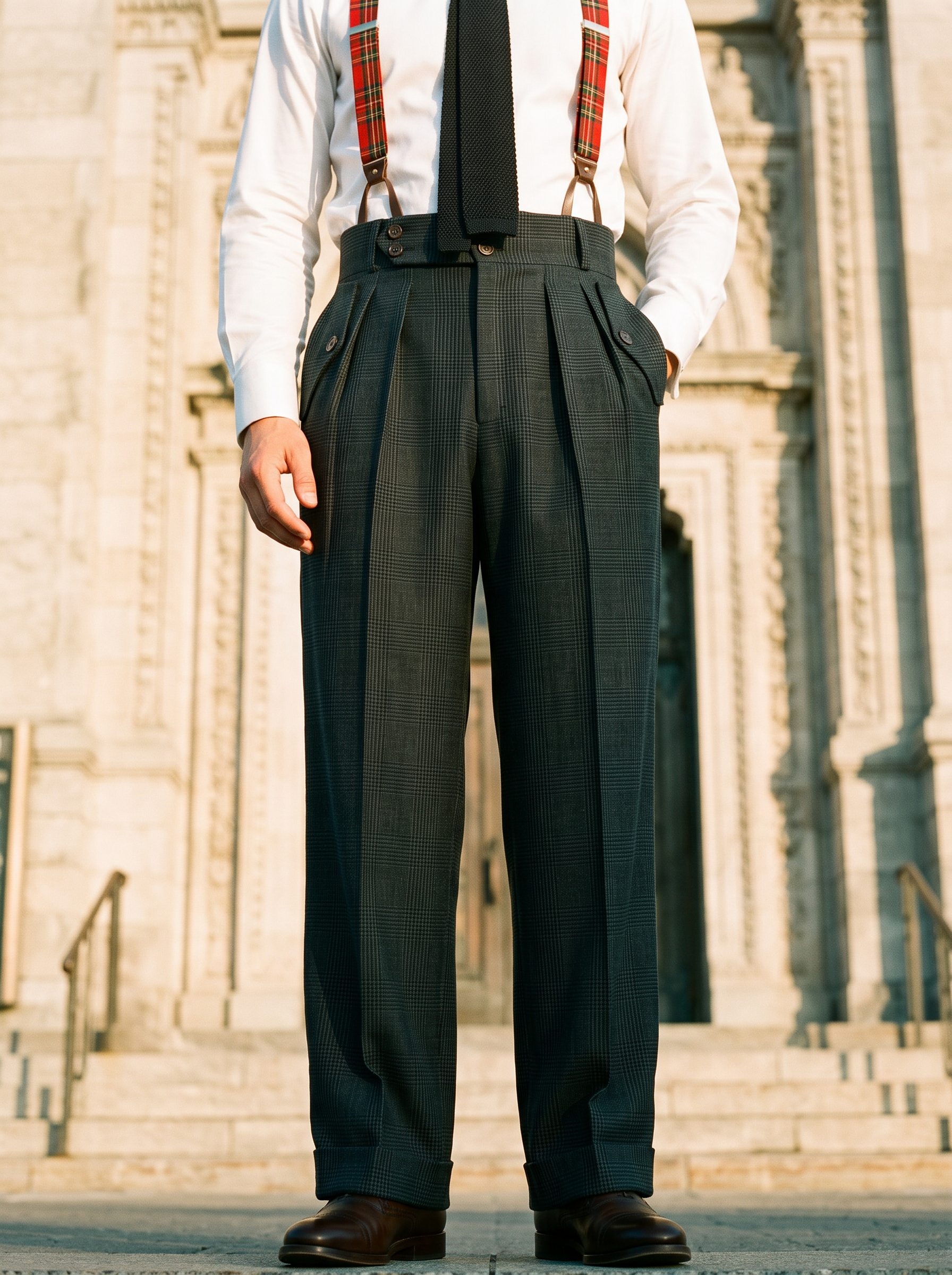 Pantalon bleu Prince-de-Galles en laine taille haute 4 plis