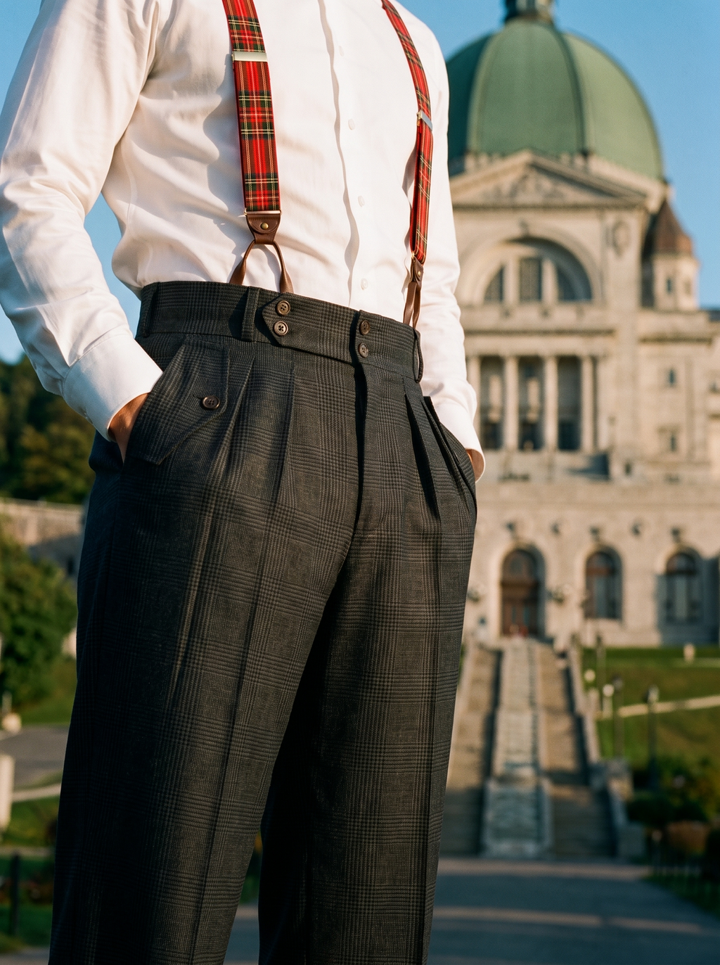Pantalon bleu Prince-de-Galles en laine taille haute 4 plis