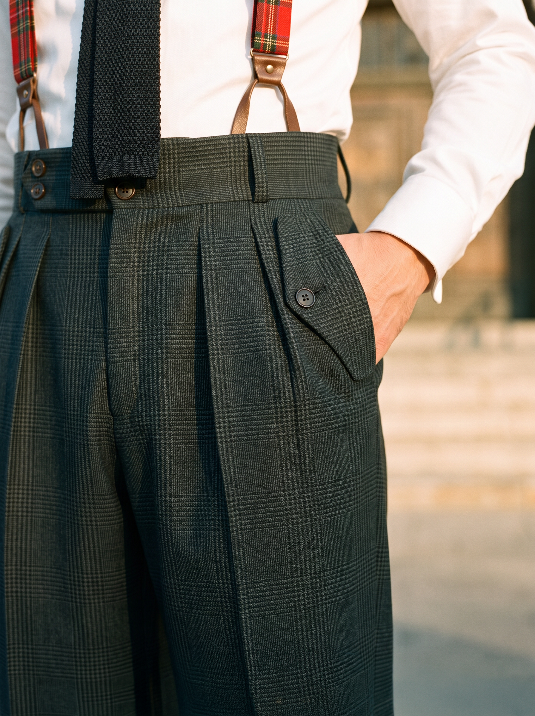 Pantalon bleu Prince-de-Galles en laine taille haute 4 plis