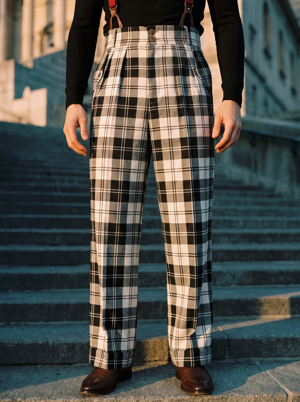 Pantalon en laine écossaise tartan noir et blanc taille haute 4 plis