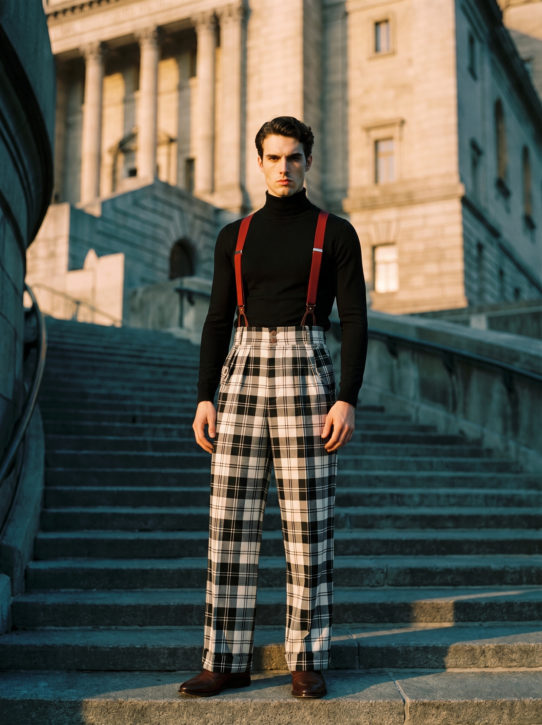 Pantalon en laine écossaise tartan noir et blanc taille haute 4 plis