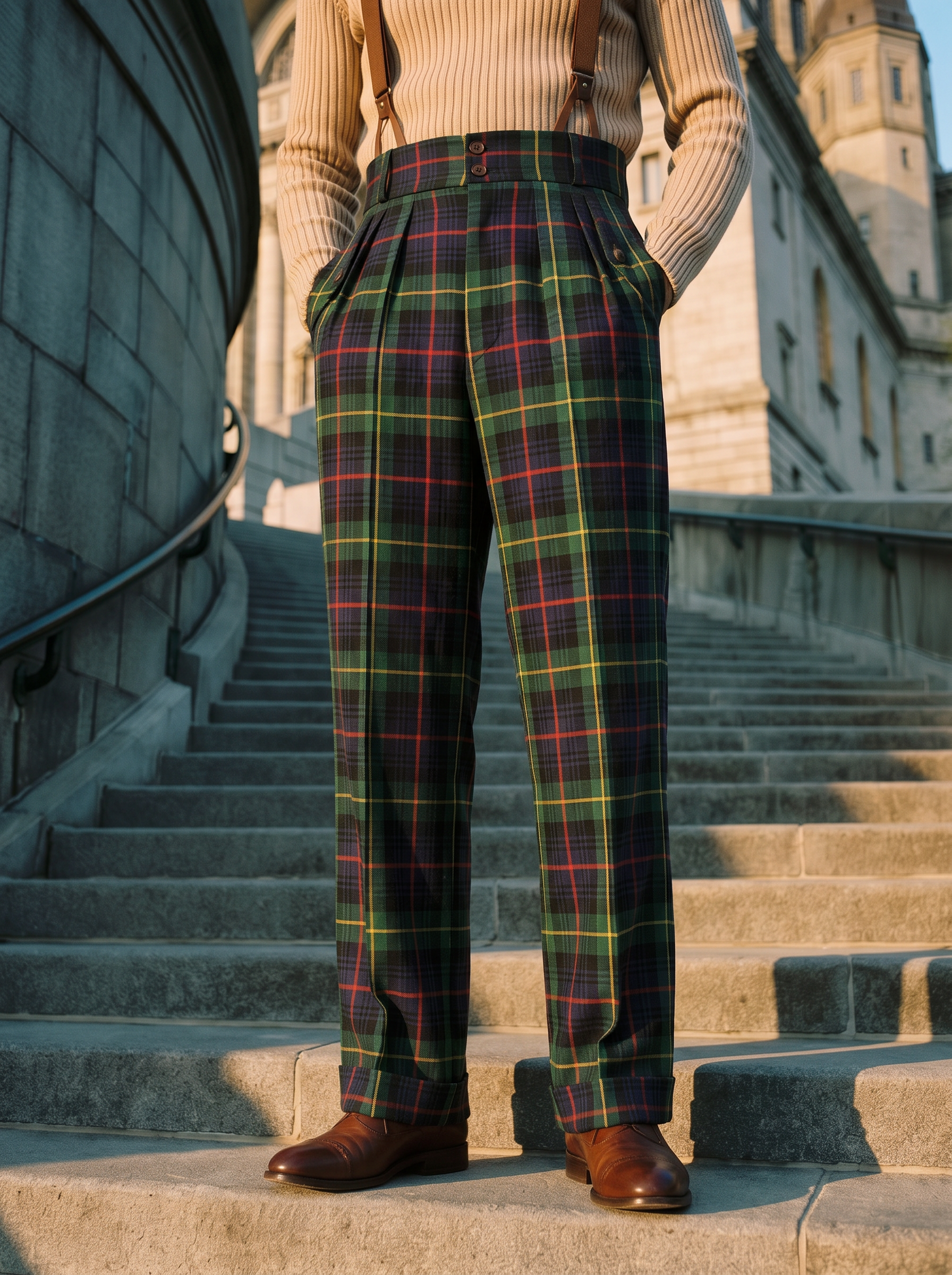 Pantalon en laine écossaise tartan vert taille haute 4 plis