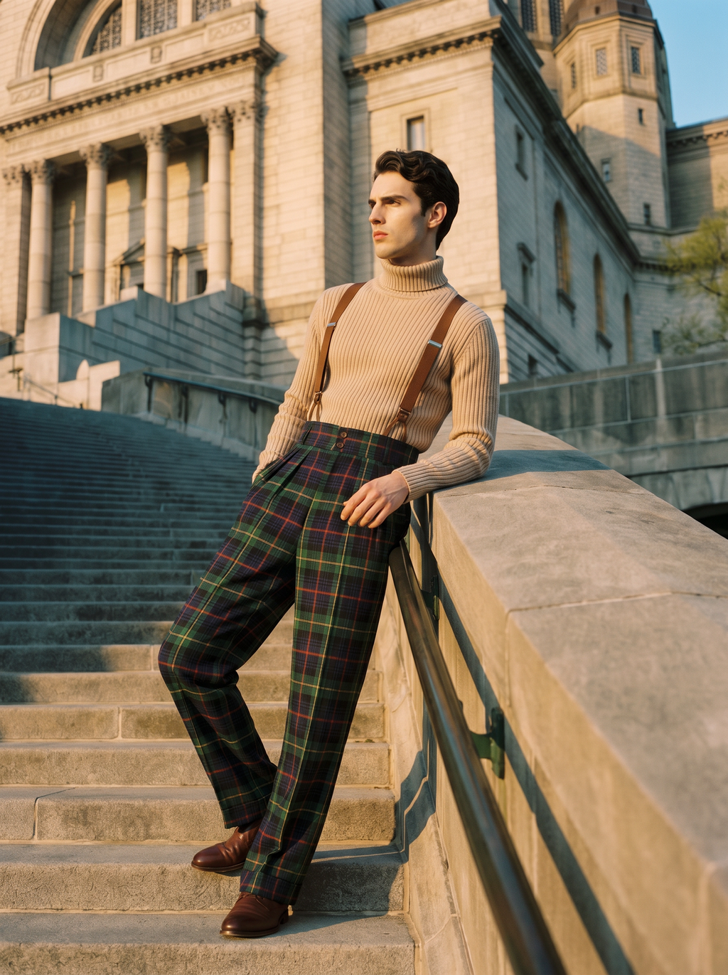Pantalon en laine écossaise tartan vert taille haute 4 plis