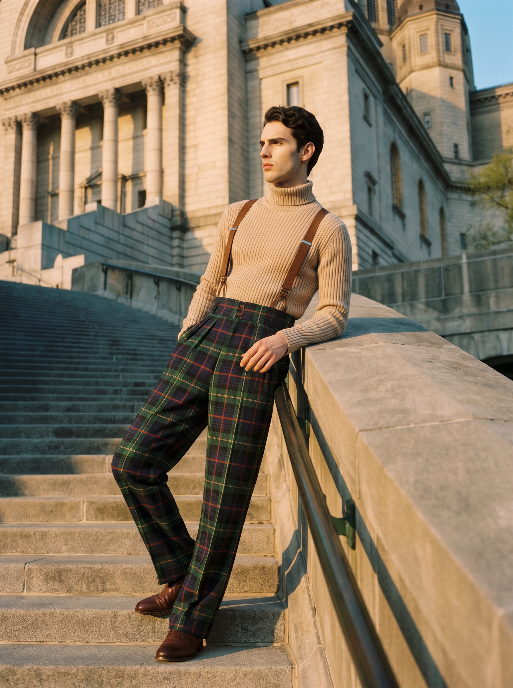 Pantalon en laine écossaise tartan vert taille haute 4 plis