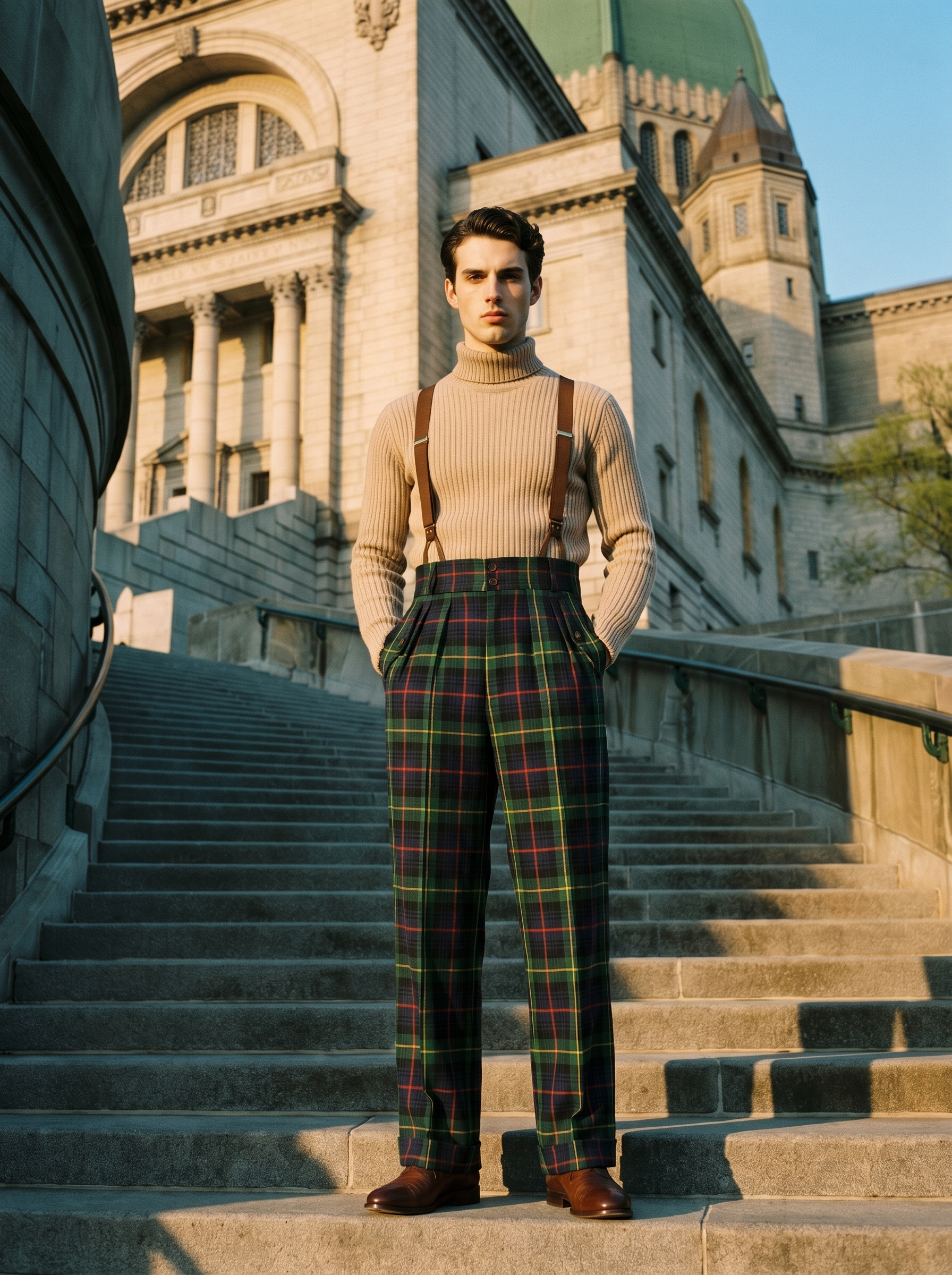 Pantalon en laine écossaise tartan vert taille haute 4 plis