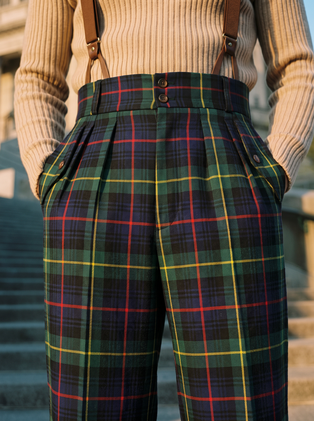 Pantalon en laine écossaise tartan vert taille haute 4 plis