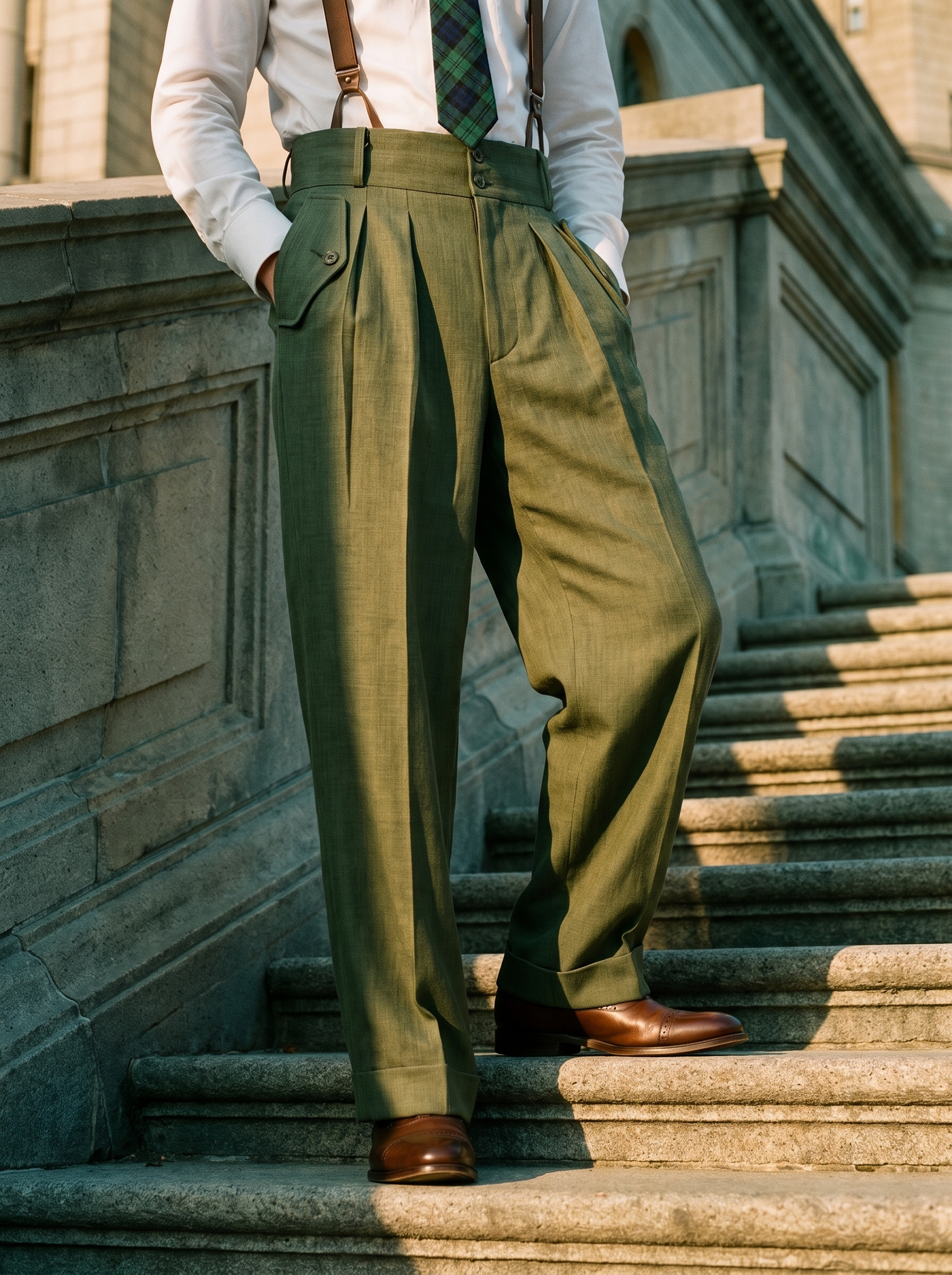 Pantalon vert en laine olive taille haute 4 plis