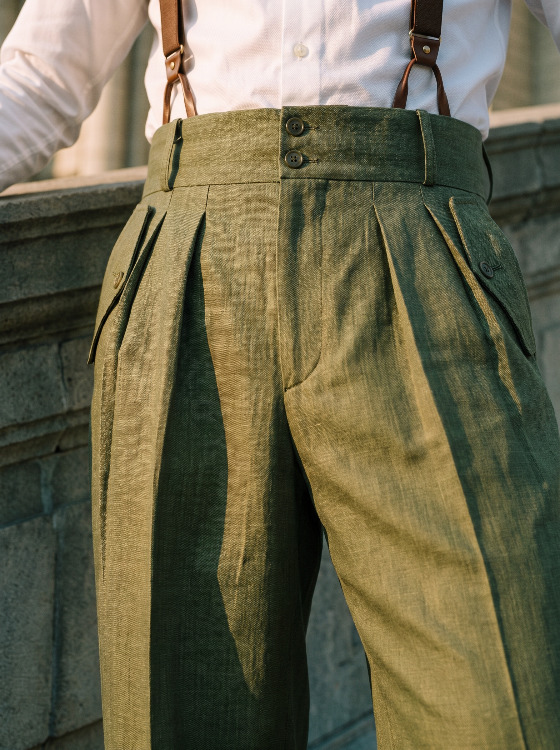 Pantalon vert en laine olive taille haute 4 plis