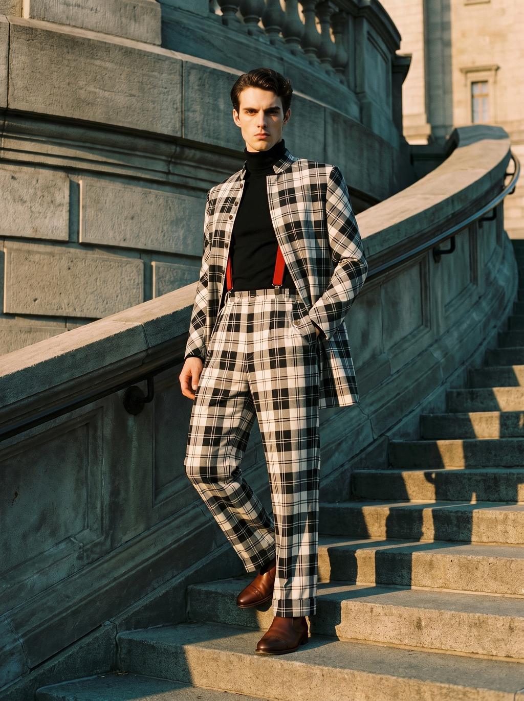 Veston à tartan noir et blanc col officier