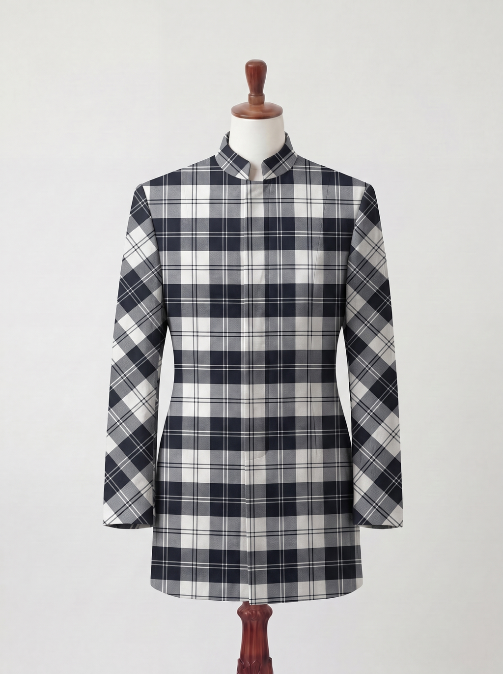 Veston à tartan noir et blanc col officier