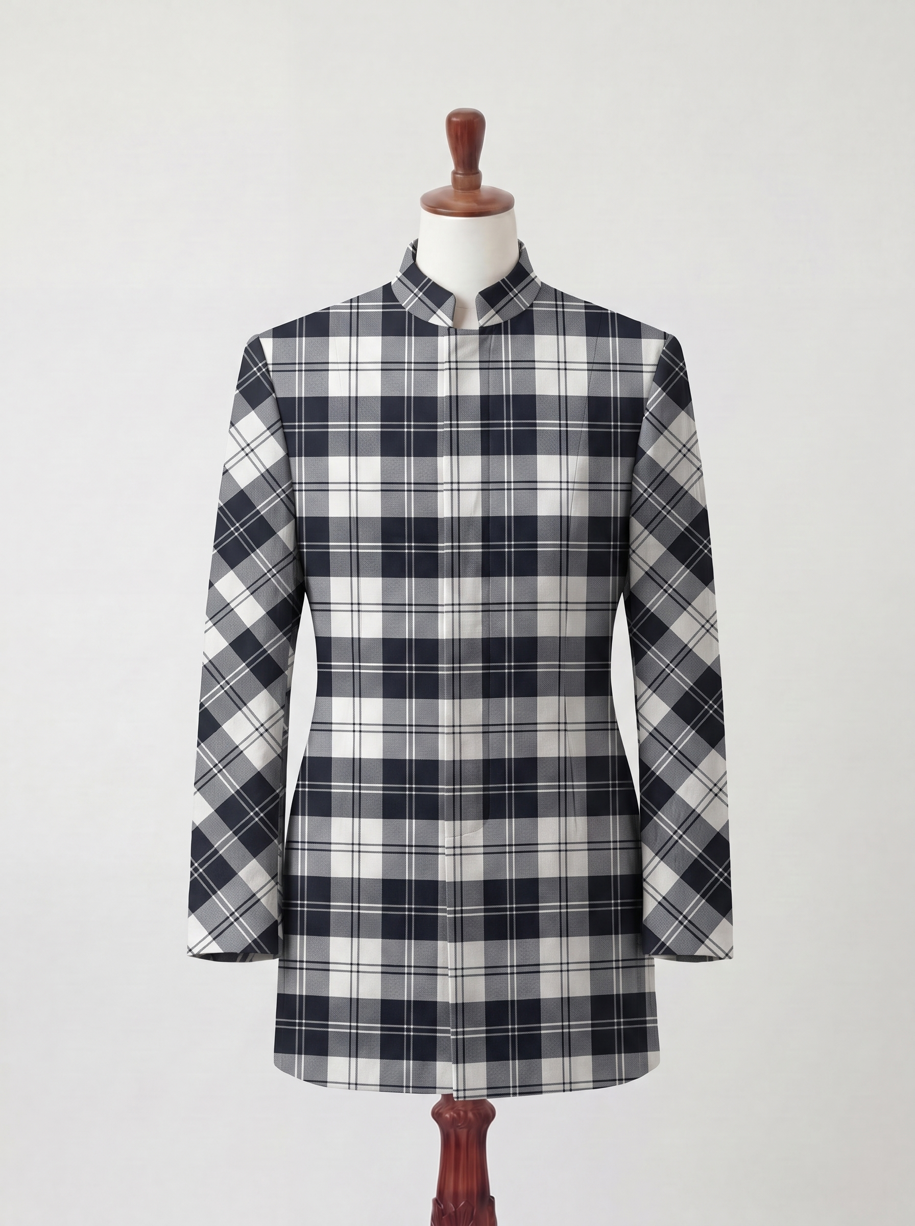 Veston à tartan noir et blanc col officier