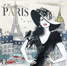 Load image into Gallery viewer, Coussin &quot;I Love Paris&quot; Cushion 130.00 / 2 options couleurs : Perle off-white, Rose pâle / Tour Eiffel Tower  / Canevas made in France canvas / petit-point broderie / forme mousse 100% polyester
