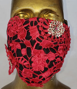 Arabesca / Masque SERAFINO pour ENVERS / style chirurgical / dentelle Maroc / 3 fleurs de corail en argent sterling serties de 3 tourmalines rosés