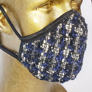 Masque Hommage à Gabrielle Chanel / 100% laine tweed marine, noir et blanc / tailleur / business attire / rendez-vous d'affaire / corporatif / haute couture
