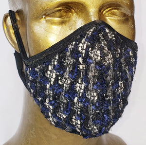Masque Hommage à Gabrielle Chanel / 100% laine tweed marine, noir et blanc / tailleur / business attire / rendez-vous d'affaire / corporatif / haute couture