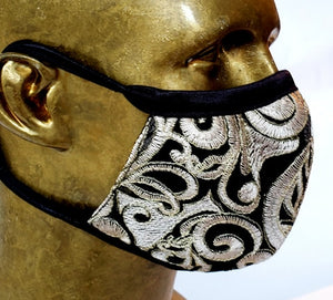 Masque Brocart / arabesques au fil d'or sur organza noir/ 70% soie 30% fil doré / anatomique / mariage/ wedding / gala / tuxedo