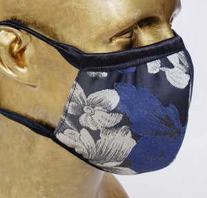 Masque Jardin de Métis / style anatomique / Brocart fleurs marines noires argentées / 80% polyester 20% viscose /